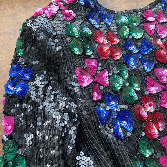 Vintage 100% silk sequined top Sz M 70s 80s 90s Black Floral - Picture 12 of 16